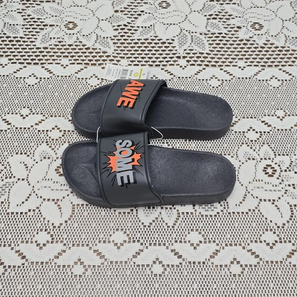 NWT Boy's Slides Sandals Dark Gray Size 2 Orange Awesome Word Slip On Shoes - Picture 3 of 6